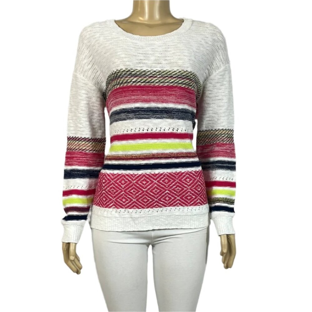 NWT Cotton Country Sweater Womens Shock Pink Combo Round Neck Tight Knit